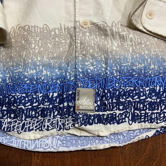 PNB Nation Vintage Y2K Tan Blue Button Down Shirt Cotton Men's Size Extra Large - Picture 6 of 12